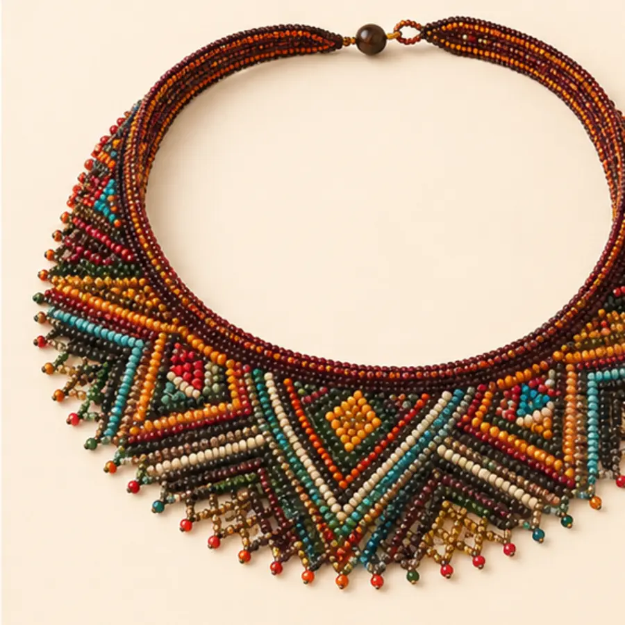 Collar ancho de mullos con motivos geométricos multicolores