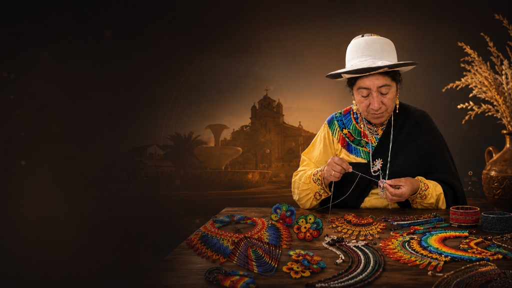 Artesana de Saraguro elaborando artesanías de mullos de vidrio